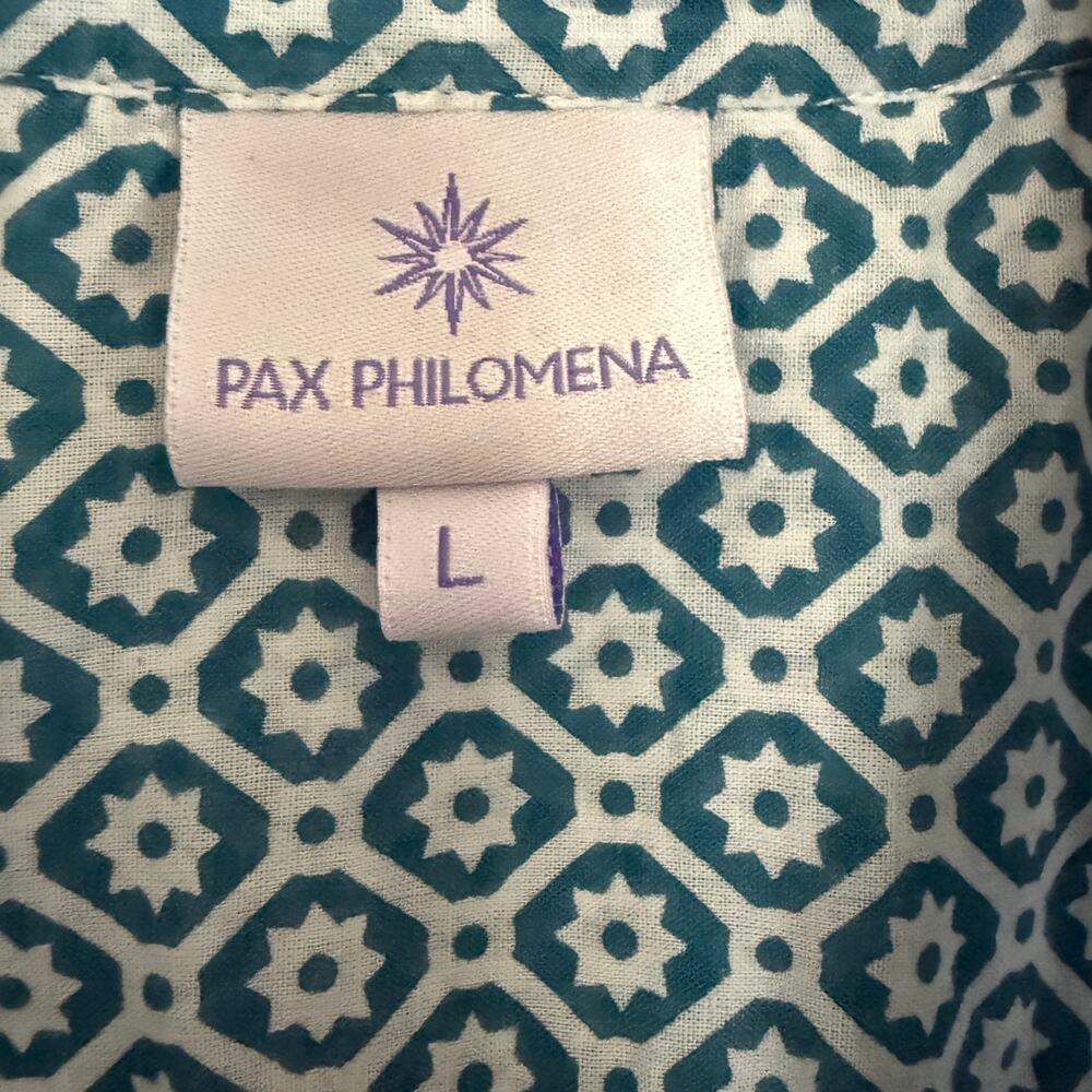 PAX PHILOMENA | Teal Blue and White Cartouche Print Maxi Shirt Dress | Large - Picture 4 of 8
